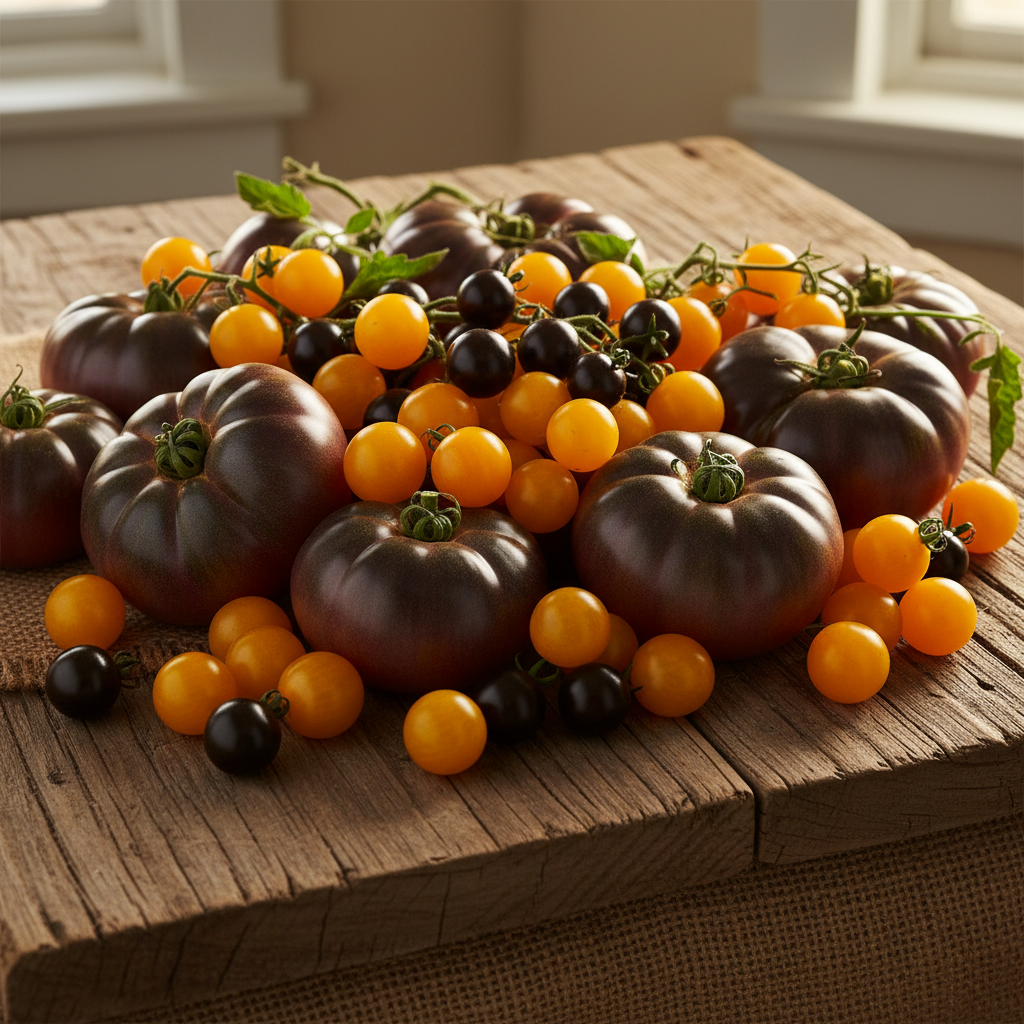 A colorful 3 lb variety pack of heirloom tomatoes including Cherokee Purple, Brandywine Black, Black Cherry, and Sun Sugar Gold on a rustic wooden surface