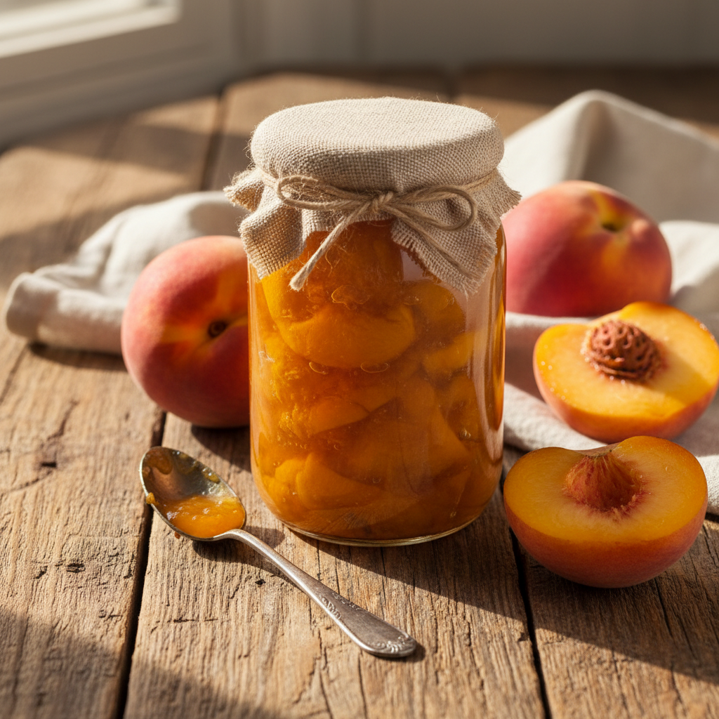 Half-pint jar of homemade peach preserves on a rustic wooden surface with fresh peaches