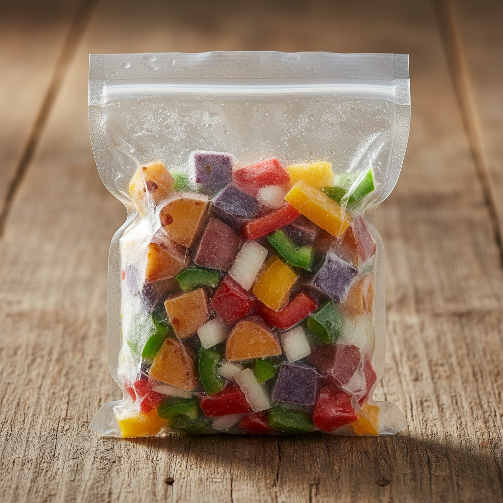 Vacuum-sealed bag of frozen tri-color diced potatoes with peppers and onions showing vibrant purple, gold, and red potato pieces