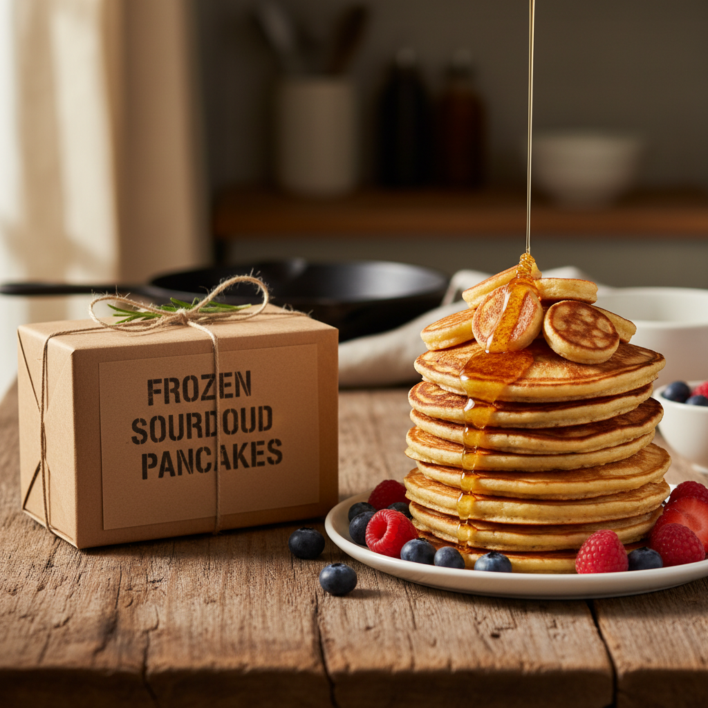 Package of frozen sourdough pancakes with a golden stack of regular and mini pancakes on a rustic wooden surface