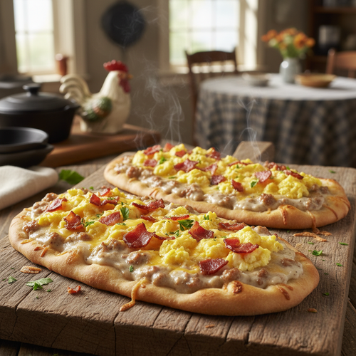 Two homemade breakfast flatbread pizzas topped with sausage gravy, bacon, eggs and cheese on a rustic wooden surface