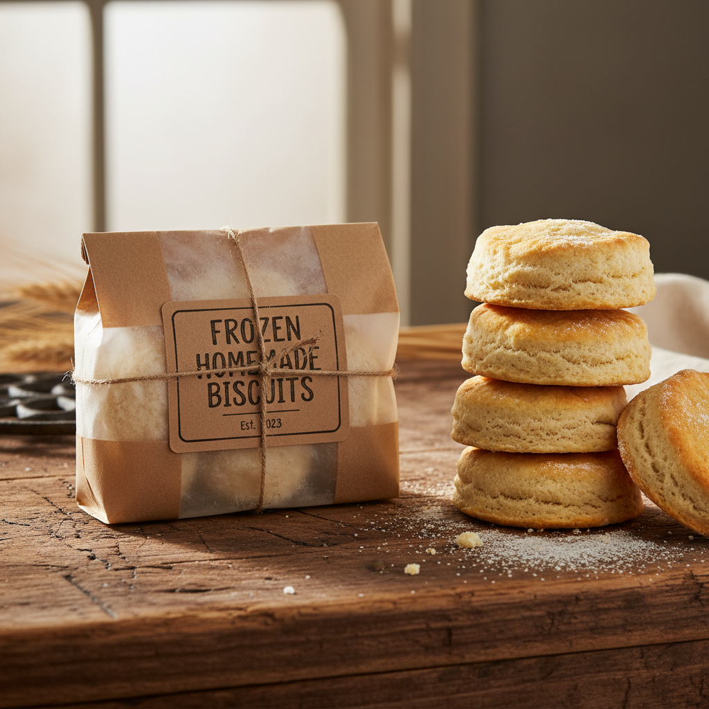 Package of frozen homemade biscuits with golden fluffy biscuits stacked on a rustic wooden surface