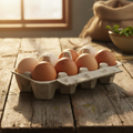 A dozen farm fresh eggs in a rustic carton on a wooden surface