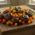 A colorful 3 lb variety pack of heirloom tomatoes including Cherokee Purple, Brandywine Black, black cherry, Sun Sugar Gold, red cherry, and red slicer tomatoes on a rustic wooden surface