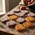Colorful tri-color hashbrown squares made with purple majesty, yukon gold, and norland red potatoes on a rustic wooden surface
