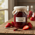 Half-pint jar of homemade strawberry jam on a rustic wooden surface with fresh strawberries