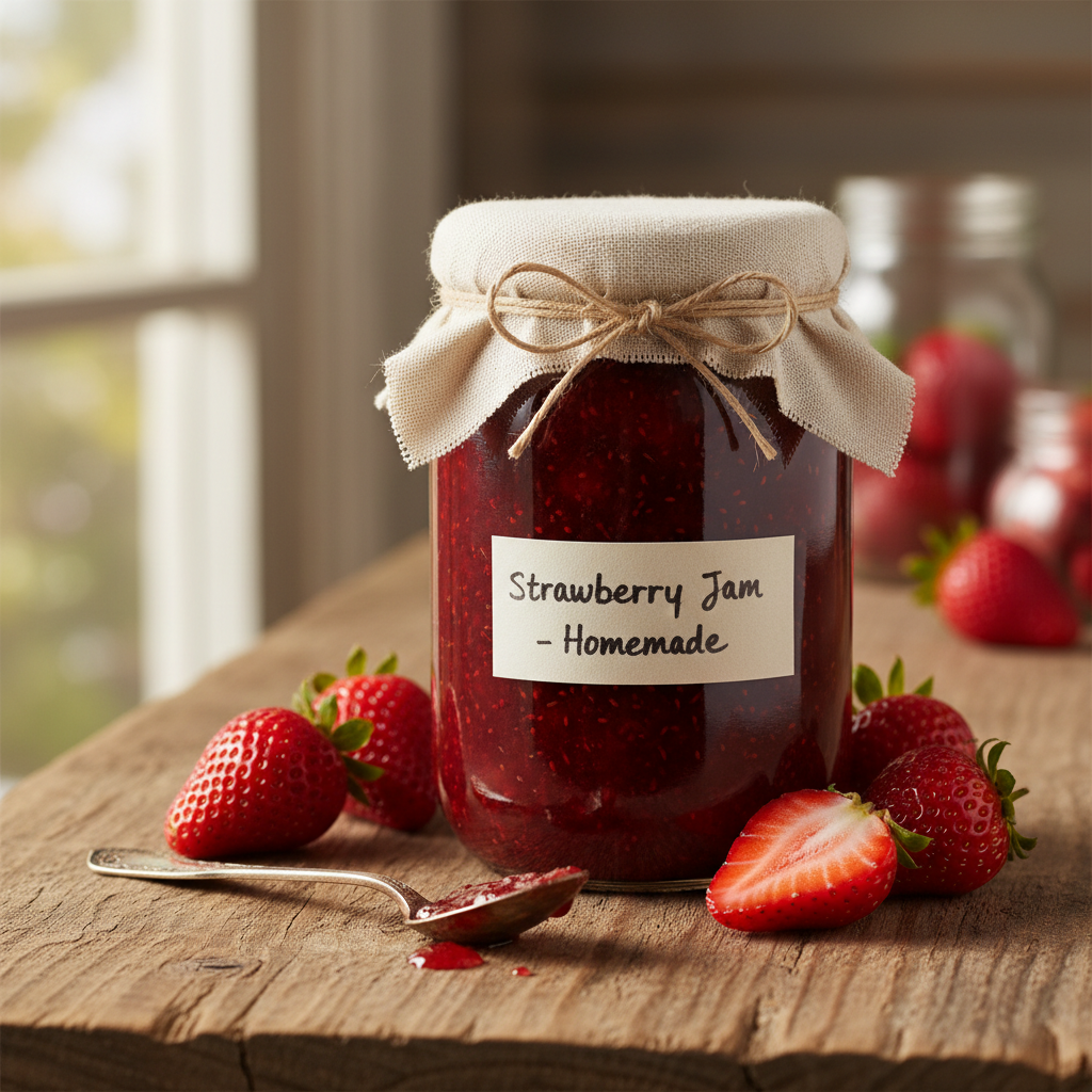 Half-pint jar of homemade strawberry jam on a rustic wooden surface with fresh strawberries