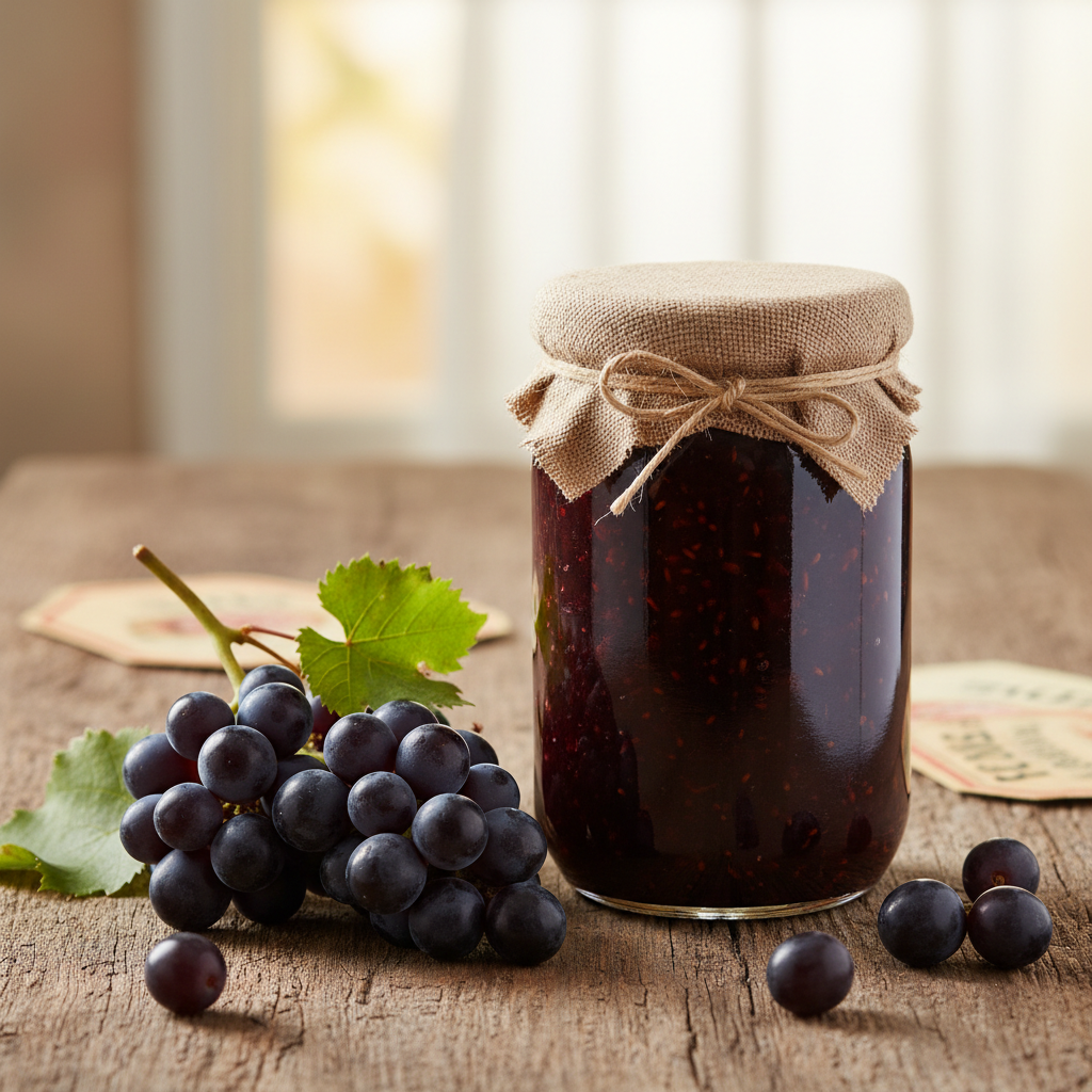 Half-pint jar of homemade grape jam on a rustic wooden surface with fresh grapes