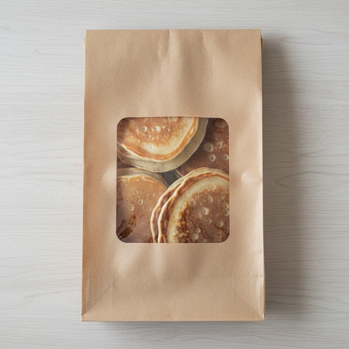 Pancakes in flat brown bread bag with clear window